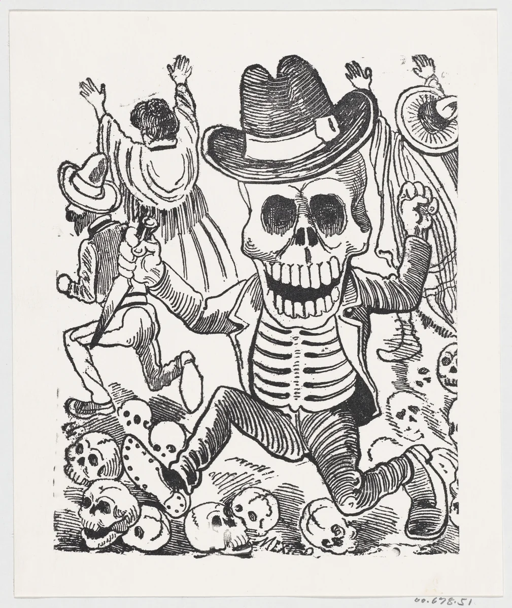 A skeleton holding a knife leaping over a pile of skulls, people flee in the background, from a broadside entitled 'Las bravisimas calaveras Guatemaltecas' by José Guadalupe Posada, print, 1887-1913