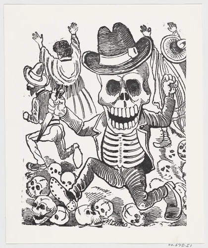 A skeleton holding a knife leaping over a pile of skulls, people flee in the background, from a broadside entitled 'Las bravisimas calaveras Guatemaltecas' by José Guadalupe Posada, print, 1887-1913