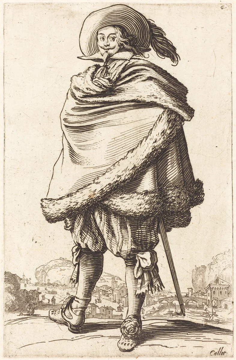 Noble Man Wrapped in a Mantle Trimmed with Fur by Jacques Callot, print, 1620-1623