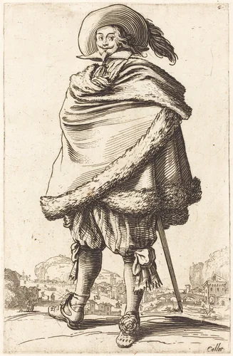 Noble Man Wrapped in a Mantle Trimmed with Fur by Jacques Callot, print, 1620-1623
