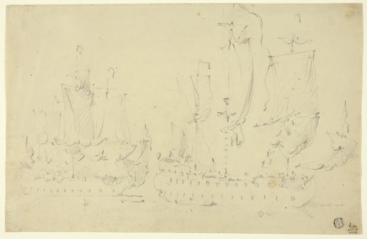 Two Frigates Under Full Sail by Willem van de Velde, drawing, 1653-1707