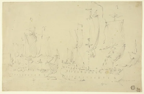 Two Frigates Under Full Sail by Willem van de Velde, drawing, 1653-1707
