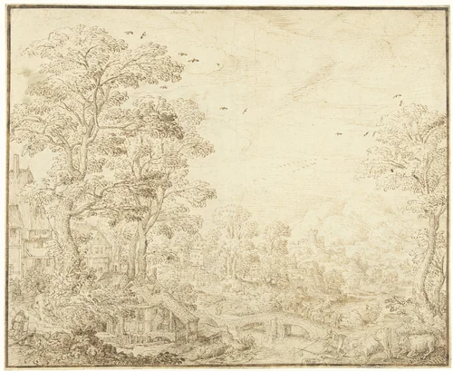 Heuvelachtig landschap met een watermolen by Marcus Gheeraerts, drawing, 1577-1587
