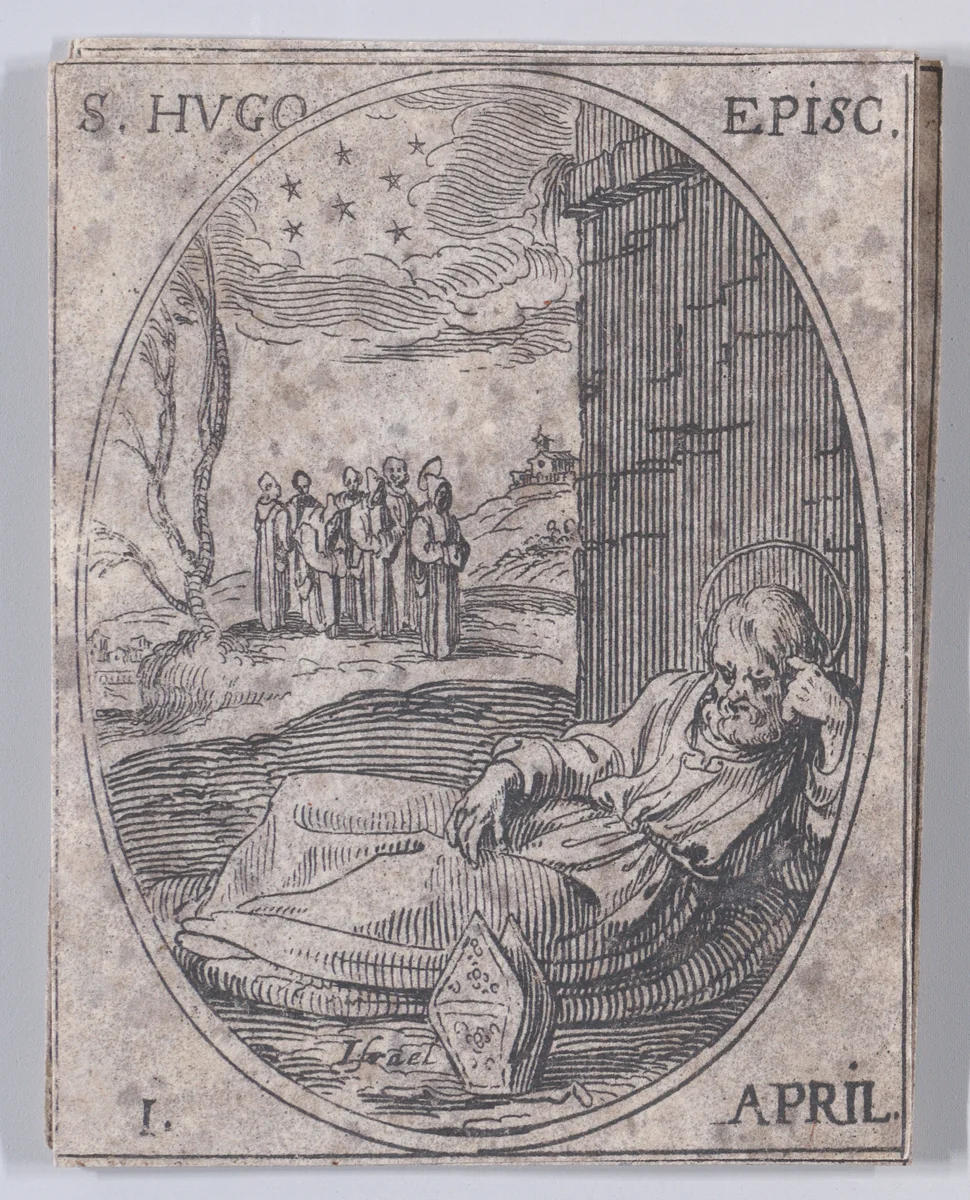 S. Hugues, évêque (St. Hugh of Grenoble, Bishop), April 1st, from "Les Images De Tous Les Saincts et Saintes de L'Année" (Images of All of the Saints and Religious Events of the Year) by Jacques Callot, print, 1636