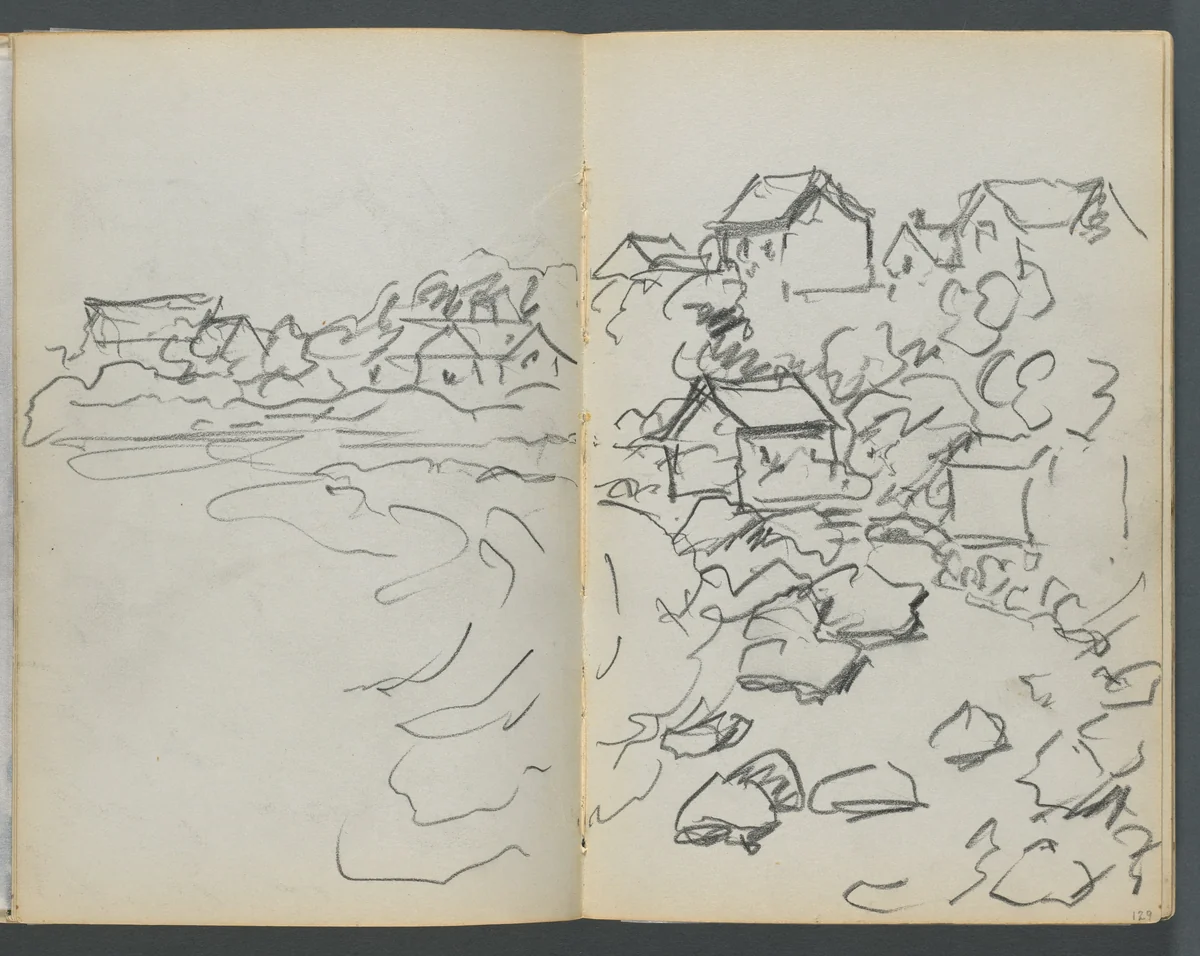 Sketchbook, The Dells, N° 127, page 128 & 129: Houses on a Coast by Maurice Prendergast, book, 1919-1921
