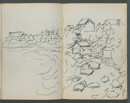 Sketchbook, The Dells, N° 127, page 128 & 129: Houses on a Coast by Maurice Prendergast, book, 1919-1921