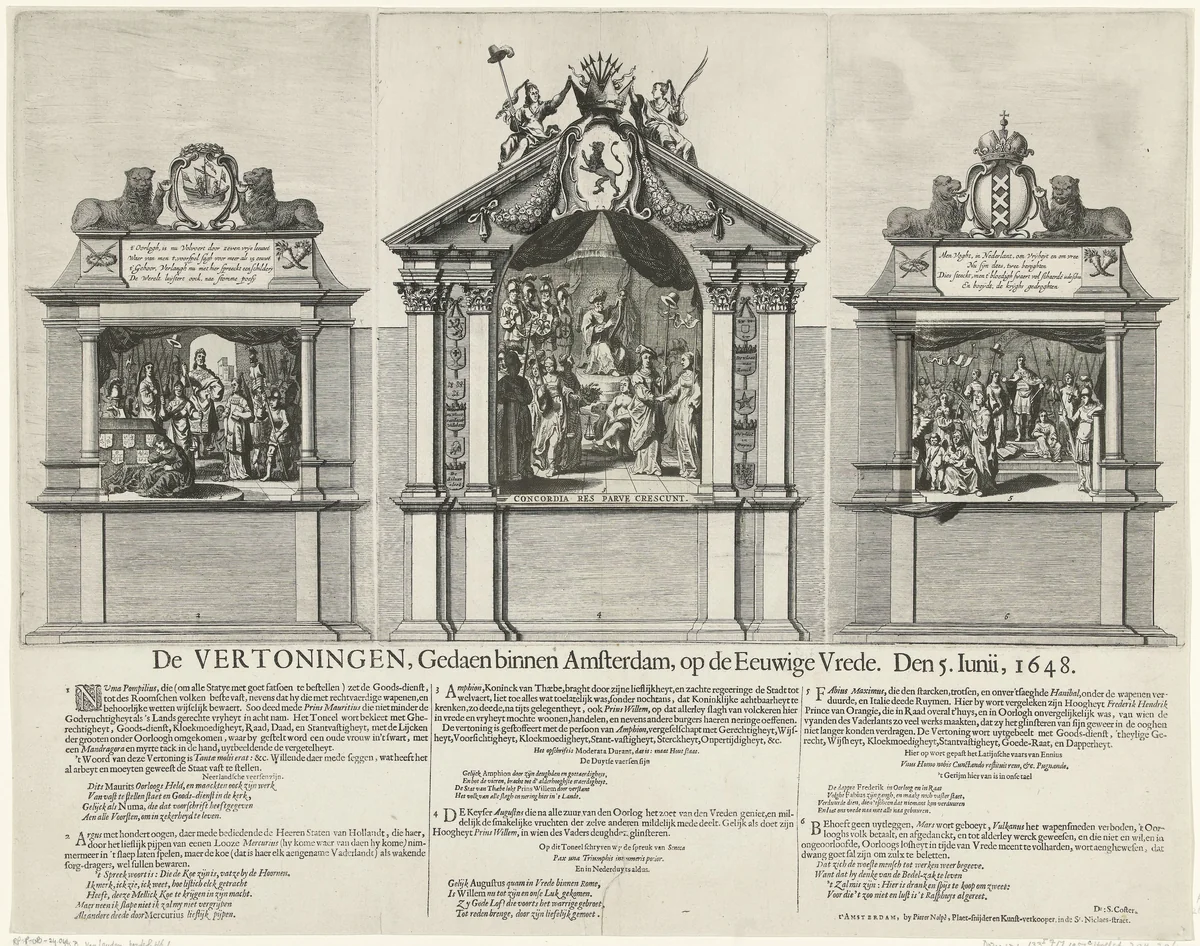 Zinnebeeldige vertoningen die op de Dam zijn opgevoerd ter ere van de Vrede van Munster in  1648 by Pieter Nolpe, print, 1648