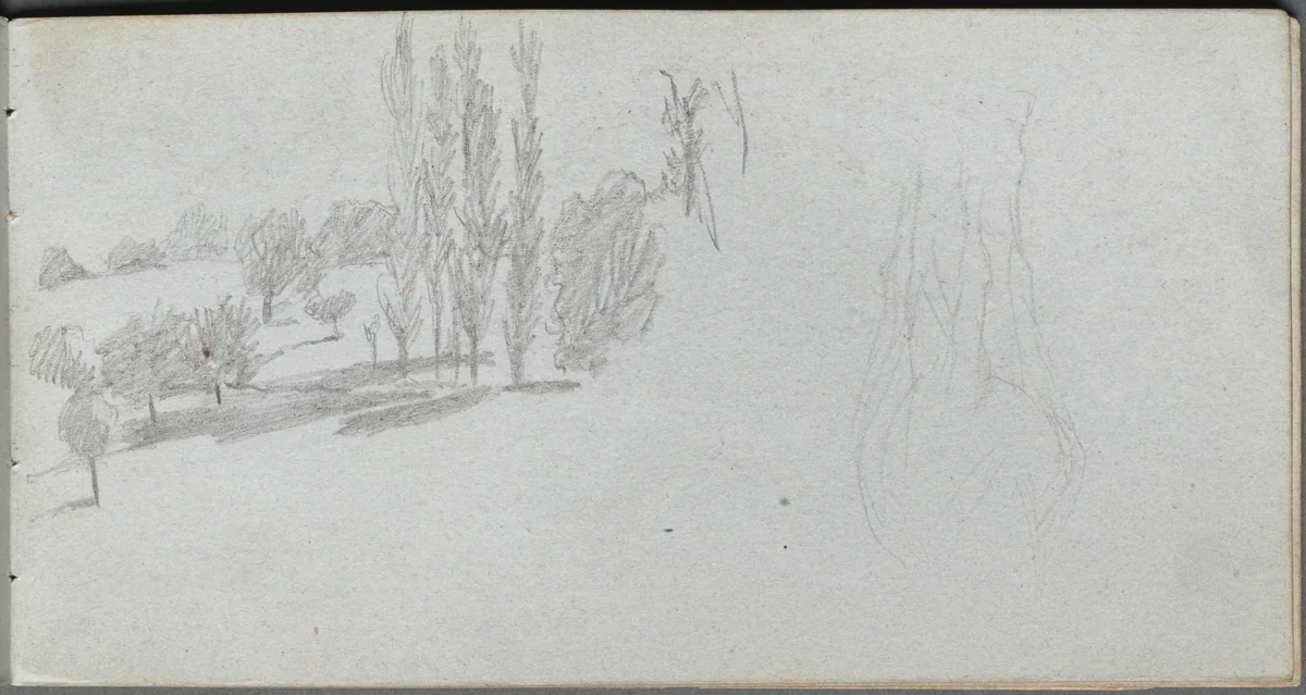 Sketchbook, page 18: Study of a Horse and Landscape Study by Ernest Meissonier, book, 1860-1869