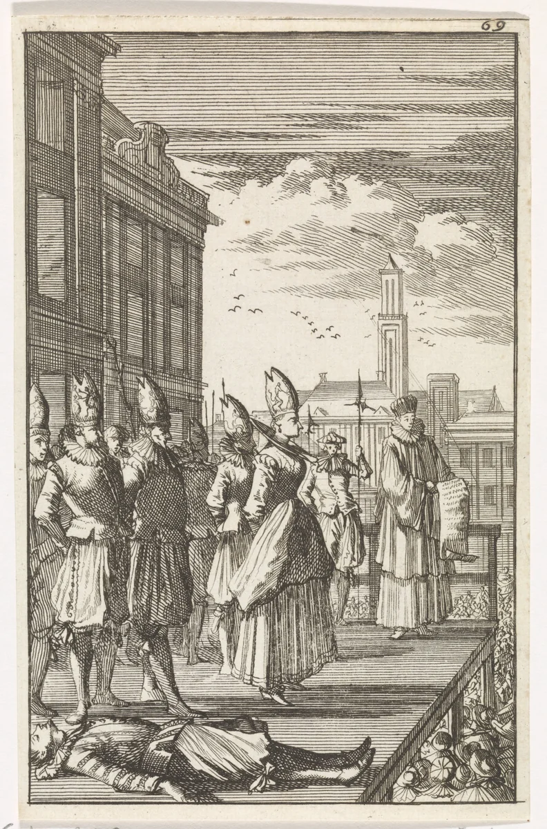 Heksenproces in Atrecht, 1459 by Caspar Luyken, print, 1700