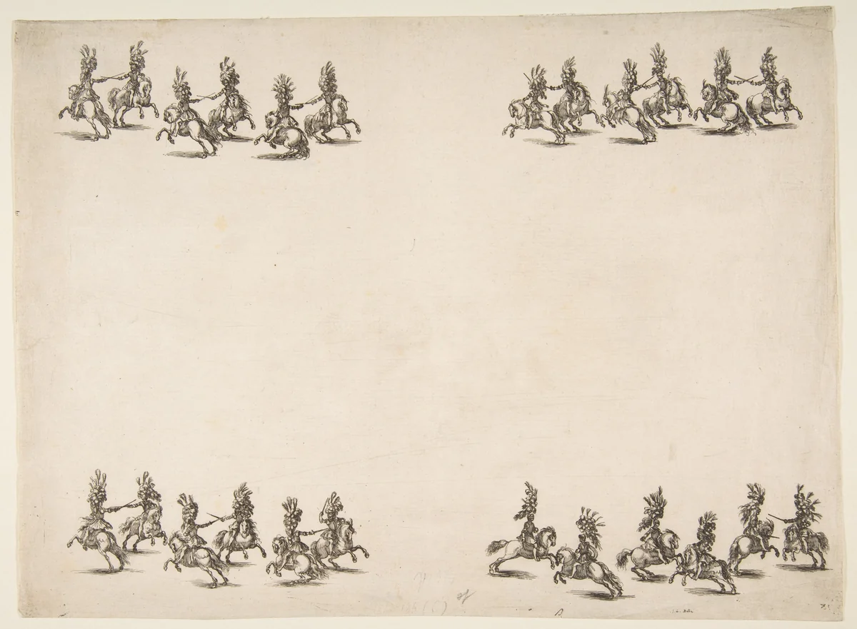 Twenty-four Cavaliers Battle with Swords in Four Groups by Stefano della Bella, print, 1652