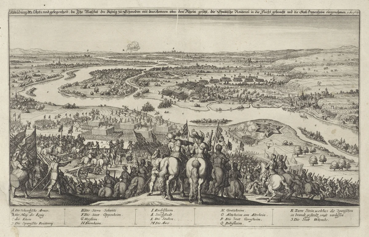 Verovering van de stad Oppenheim door de Zweedse legers op 7 september 1631 by Wenceslaus Hollar, print, 1631