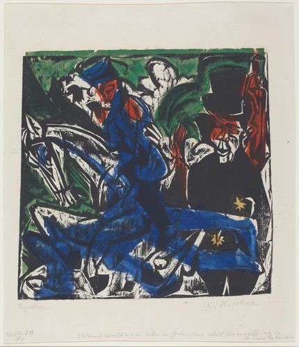 Peter Schlemihls wundersame Geschichte: Begegnung Schlemihls mit dem grauen Männlein auf der Landstrasse (Peter Schlemihl's Wondrous Story: Schlemihl Encounters the Little Gray Man on the Road) by Ernst Ludwig Kirchner, print, 1915
