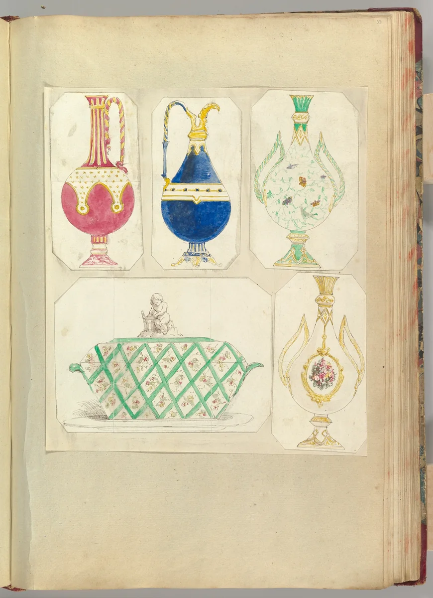 Designs for Two Ewers, Two Bottle-shaped Vases and a Covered Tureen by Alfred Forrester, drawing, 1845-1855