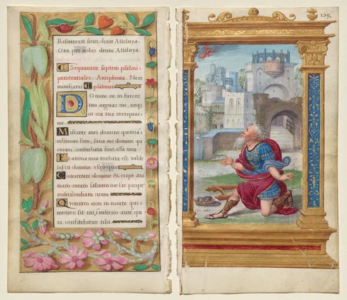 Adjoining Leaves from a Book of Hours: Penitential Psalms and King David in Prayer (2 of 3 Excised Leaves) by Noël Bellemare, manuscript, 1525-1540