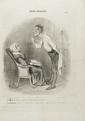Husband: “My dear, how about a first kiss on my chin?” The wife (aside): “To think that I am married to this face!,” plate 21 from Moeurs Conjugalesa by Honoré-Victorin Daumier, print, 1840