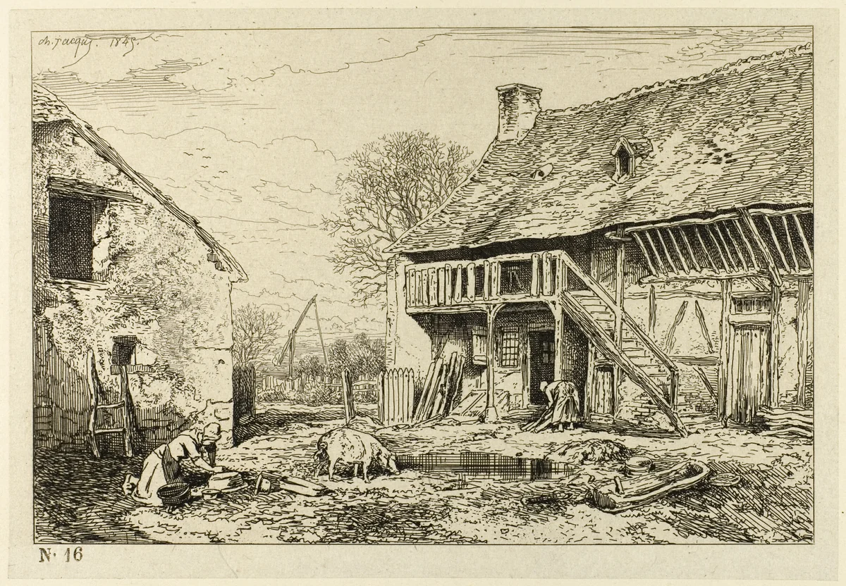 Courtyard of a Peasant Dwelling by Charles-Émile Jacque, print, 1846
