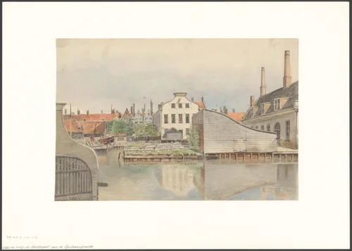 Gezicht op werf De Nachtegaal aan de Lijnbaansgracht by Johan George Lodewijk Rieke, drawing, 1827-1898