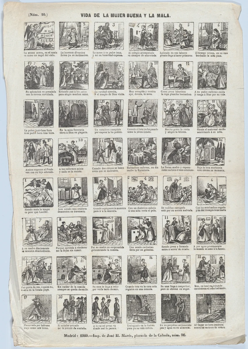 Broadside with 48 scenes relating to the life of a Good Woman (24 upper scenes) and the life of a Bad Woman (24 lower scenes) by José María Marés, print, 1860