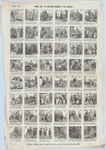 Broadside with 48 scenes relating to the life of a Good Woman (24 upper scenes) and the life of a Bad Woman (24 lower scenes) by José María Marés, print, 1860