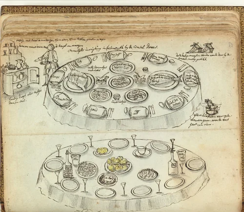 Tafelschikking en maaltijd tijdens diner te Falmouth by Jan Brandes, drawing, 1778