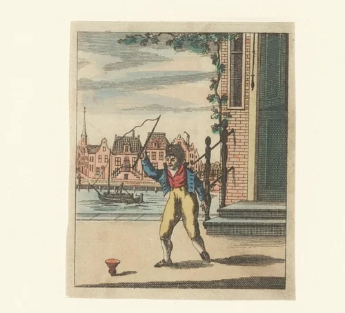 Jongen speelt met een drijftol by anonymous, print, 1800-1899