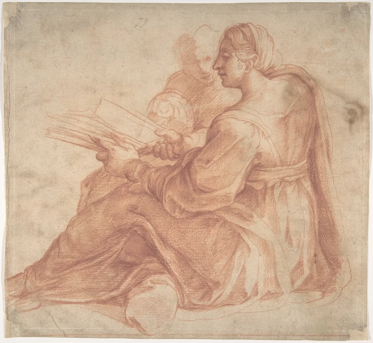 Seated Sibyl and Attendant Genius (recto); Study of the Head of a Horse in Profile (verso) by Pirro Ligorio, drawing, 1535-1545