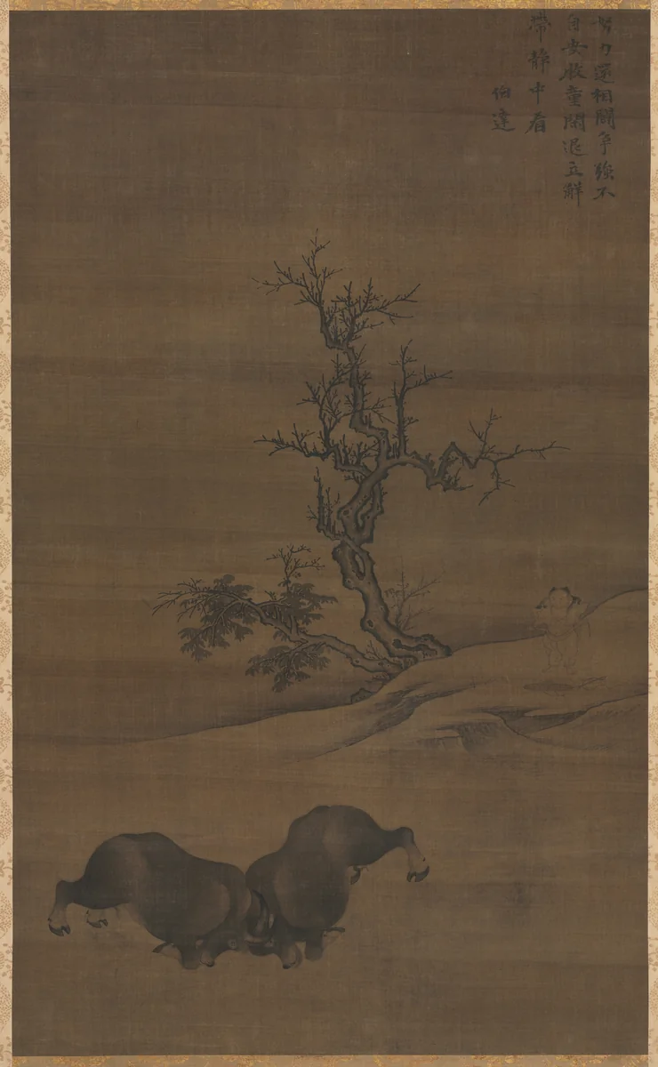 Herdboys and Buffalo in Landscape by Guo Min, painting, 1250-1285