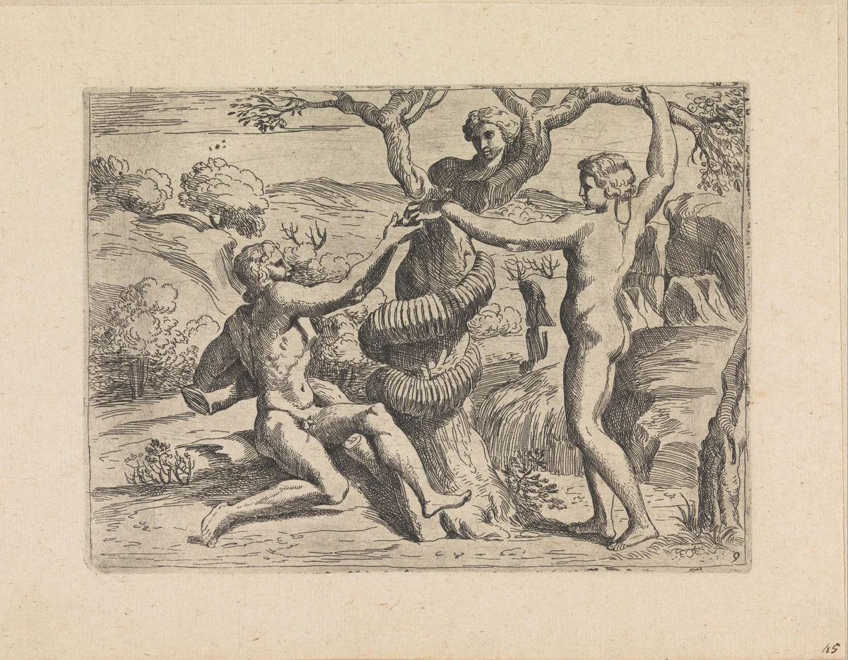 Eva biedt Adam de verboden vrucht aan by Giovanni Lanfranco, print, 1607