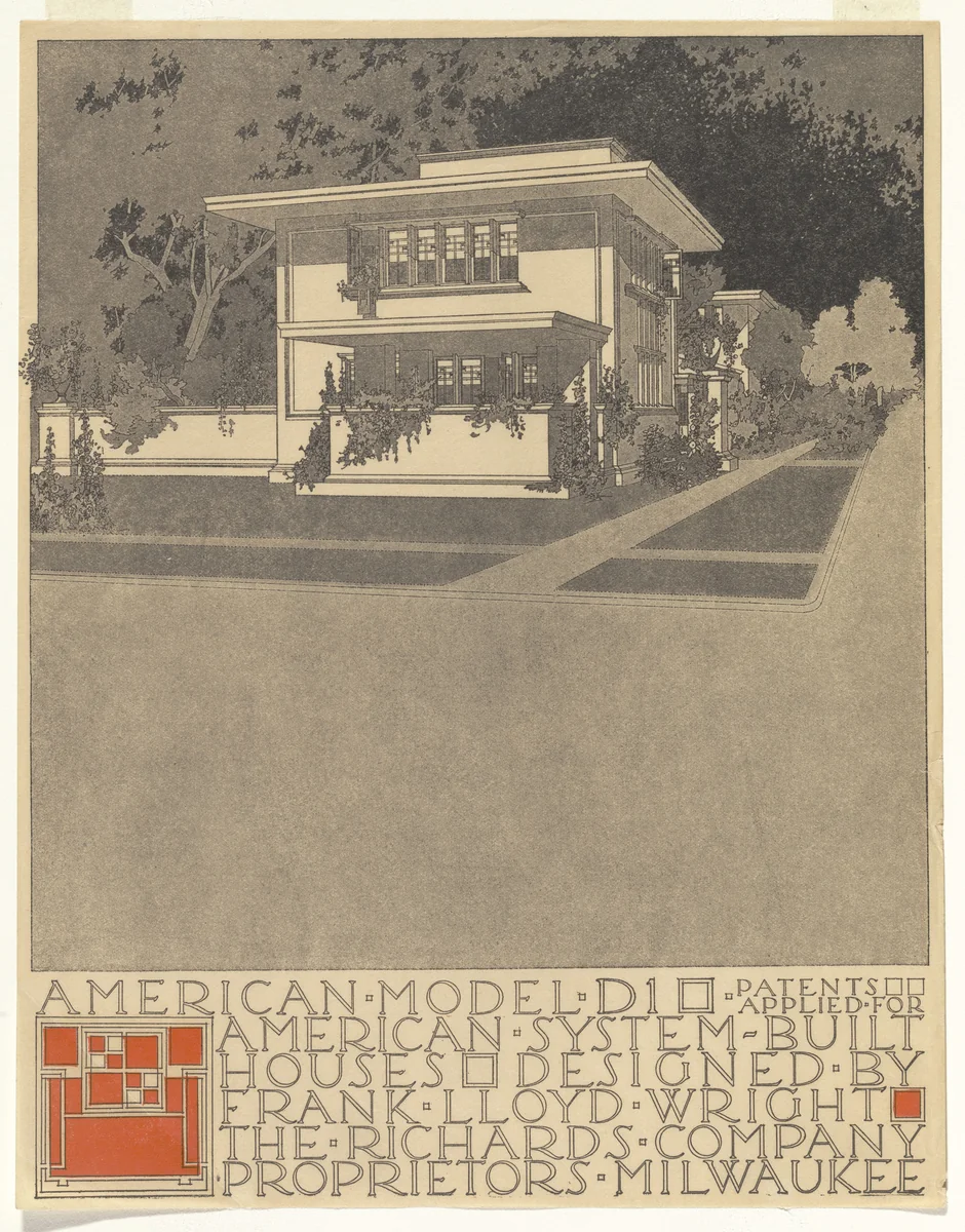 American System-Built Houses for The Richards Company project, Milwaukee, Wisconsin (Exterior perspective) by Frank Lloyd Wright, architecture, 1915