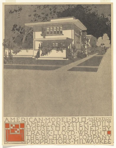 American System-Built Houses for The Richards Company project, Milwaukee, Wisconsin (Exterior perspective) by Frank Lloyd Wright, architecture, 1915