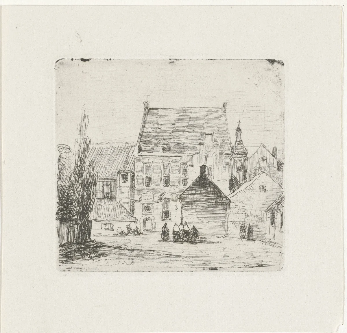 Stadsgezicht met converserende vrouwen by Lambertus Hardenberg, print, 1837-1900