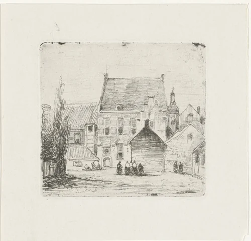 Stadsgezicht met converserende vrouwen by Lambertus Hardenberg, print, 1837-1900