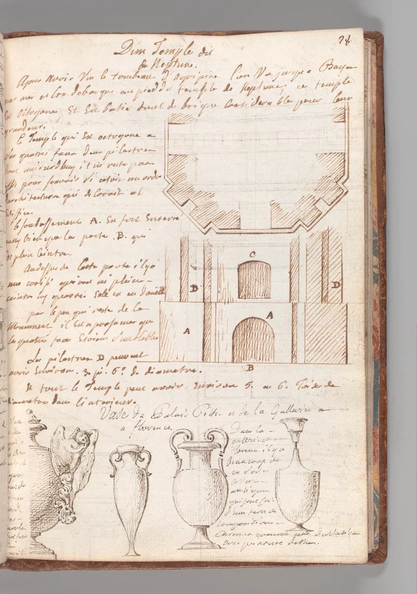 Notebook with Views of the Excavations at Herculaneum and of Other Italian Cities by Jérôme Charles Bellicard, book, 1750-1751