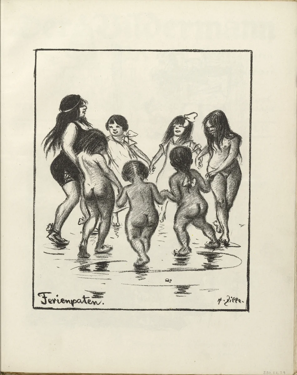 The Godchildren's Holiday (Ferienpaten) (plate, folio 21) from the periodical Der Bildermann, vol. 1, no. 10 (August 1916) by Heinrich Zille, periodical, 1916