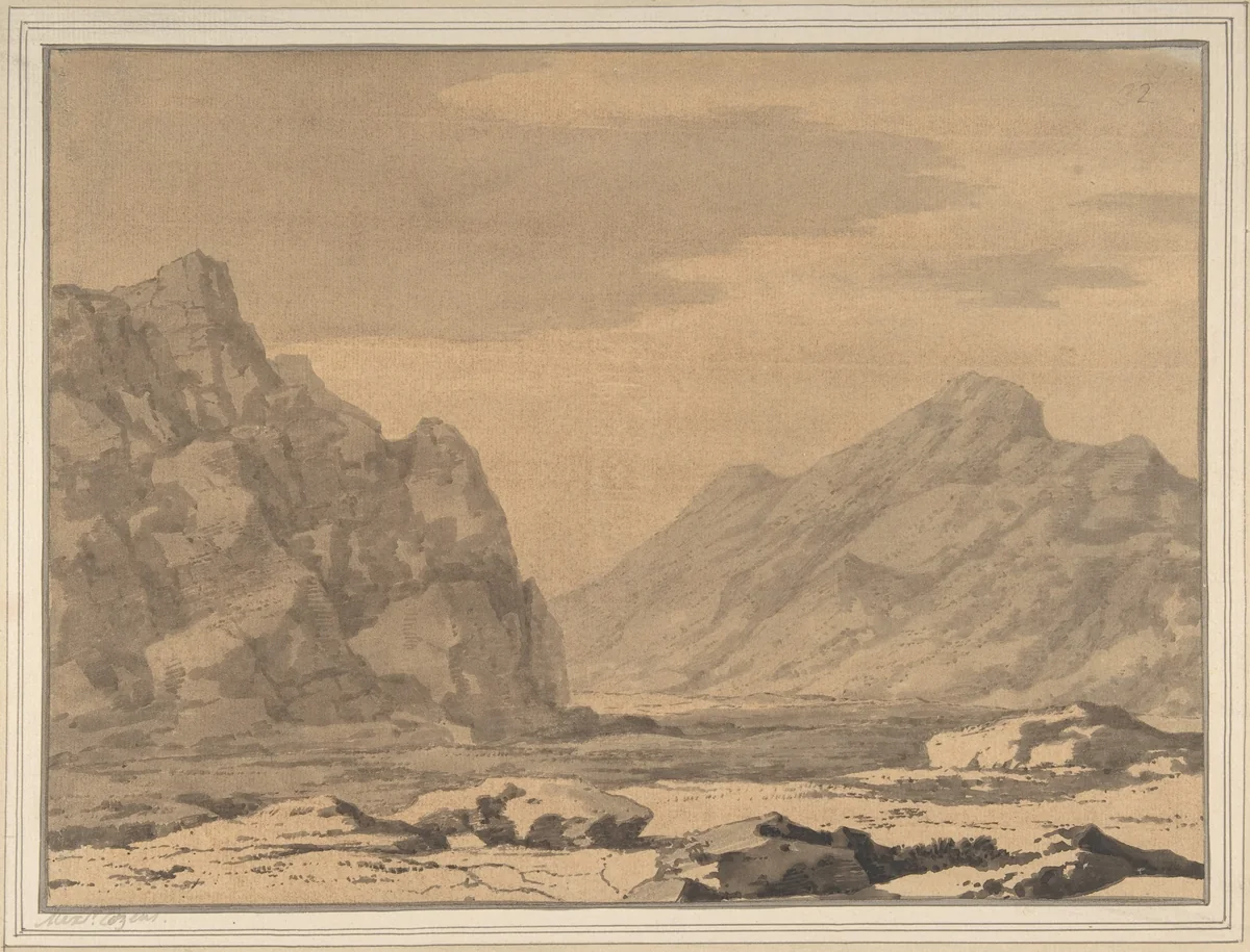 Landscape with Riverbed and Mountains by Alexander Cozens, drawing, 1770-1786