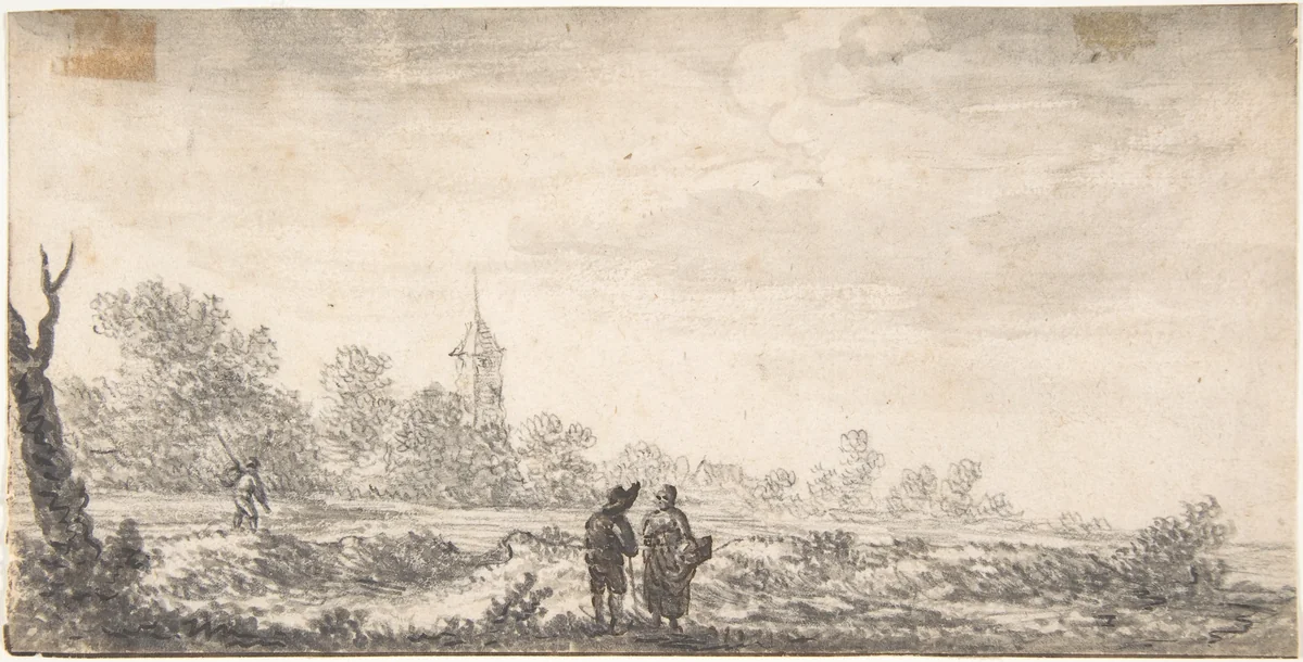 Landscape with Two Figures Conversing by Salomon van Ruysdael, drawing, 1615-1670