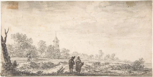 Landscape with Two Figures Conversing by Salomon van Ruysdael, drawing, 1615-1670