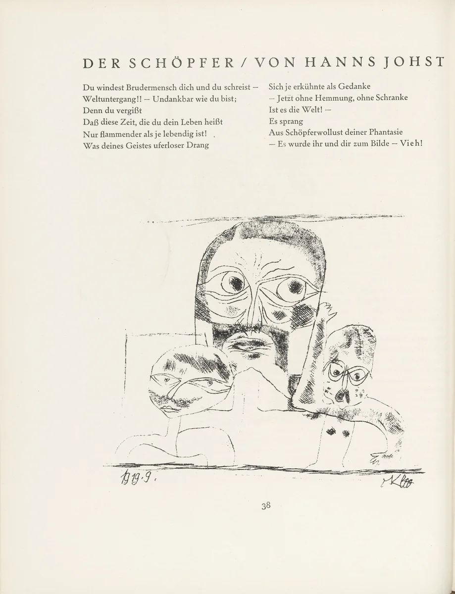Three Heads (Drei Köpfe) (tailpiece, page 38) from the periodical Münchner Blätter für Dichtung und Graphik, vol. 1, no. 3 (March 1919) by Paul Klee, periodical, 1919