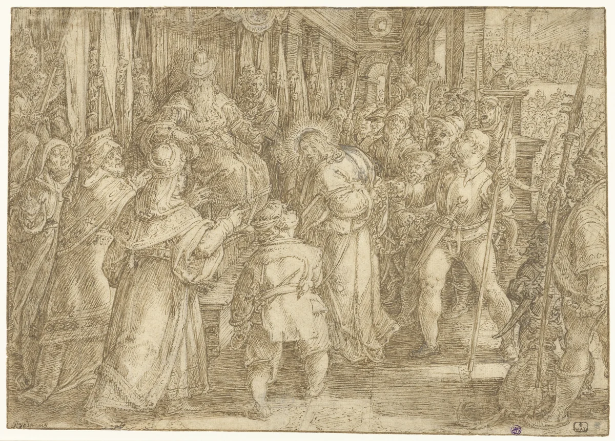 Christus voor Pilatus by Jan van der Straet, drawing, 1533-1605