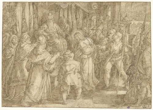 Christus voor Pilatus by Jan van der Straet, drawing, 1533-1605