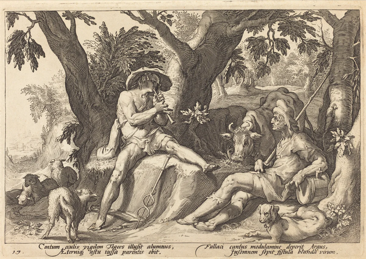 Mercury Putting Argus to Sleep by Robert de Baudous; Hendrick Goltzius, portfolio, 1590-1690