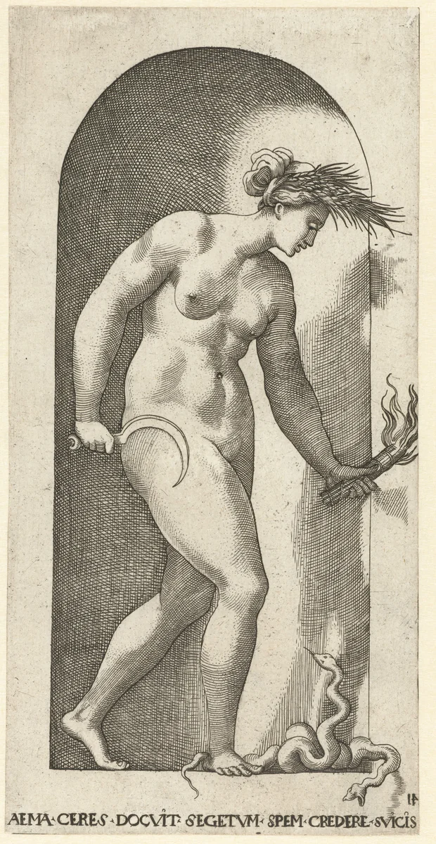 Ceres met kroon van korenaren, sikkel, brandende toorts en tweekoppige slang by Jacob Binck, print, 1530