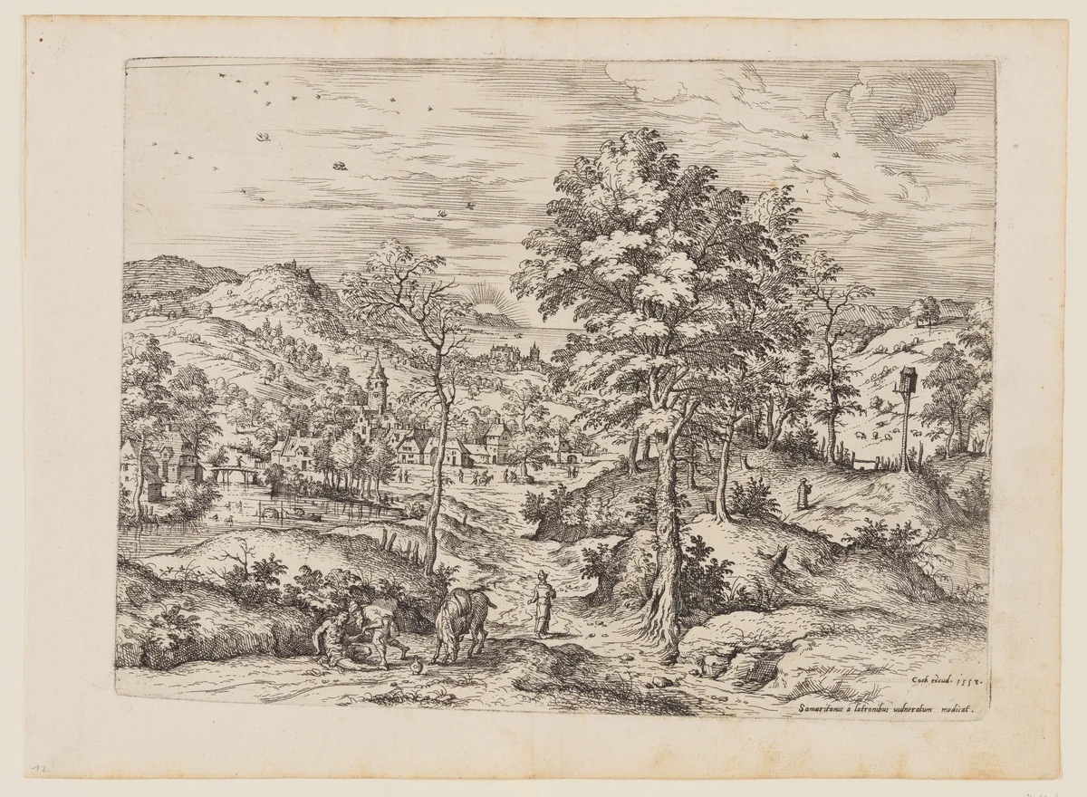 The Good Samaritan, from Landscapes with Biblical and Mythological Scenes by Hieronymus Cock, print, 1558