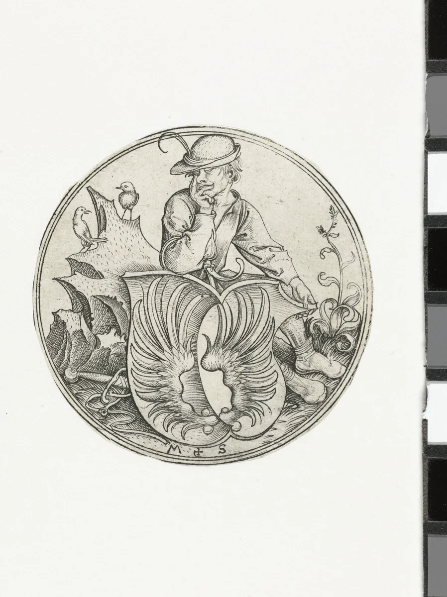 Wapenschild met vleugels, vastgehouden door een boer by Unknown, print, 1470-1491