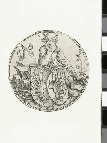 Wapenschild met vleugels, vastgehouden door een boer by Unknown, print, 1470-1491