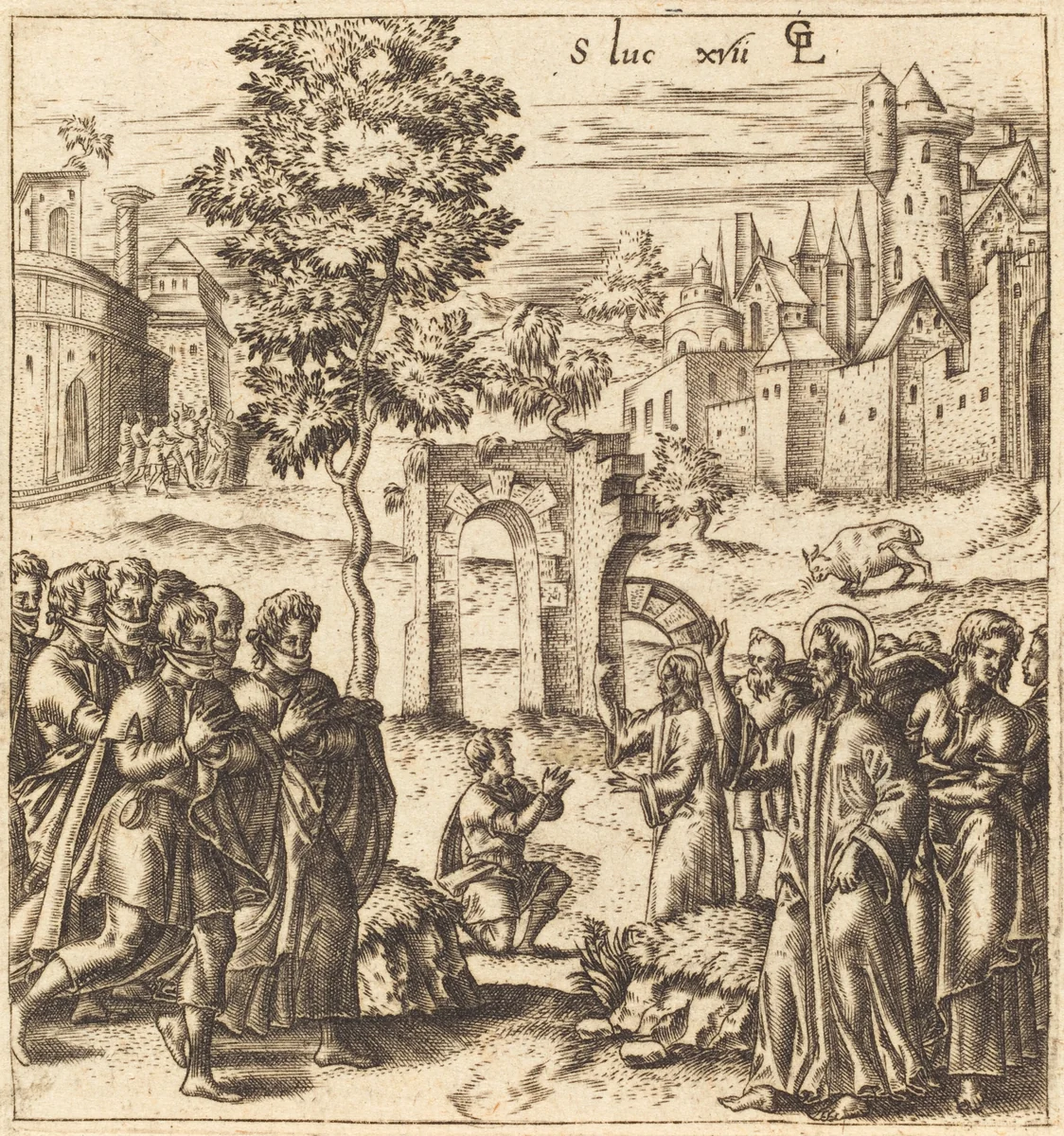 The Ten Lepers are Cleansed by Léonard Gaultier, print, 1576-1580