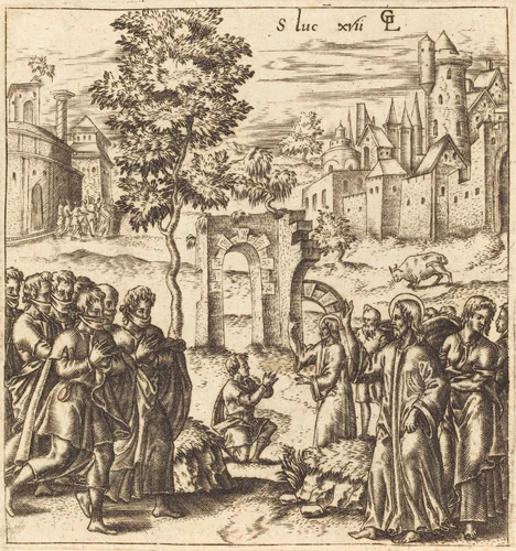 The Ten Lepers are Cleansed by Léonard Gaultier, print, 1576-1580