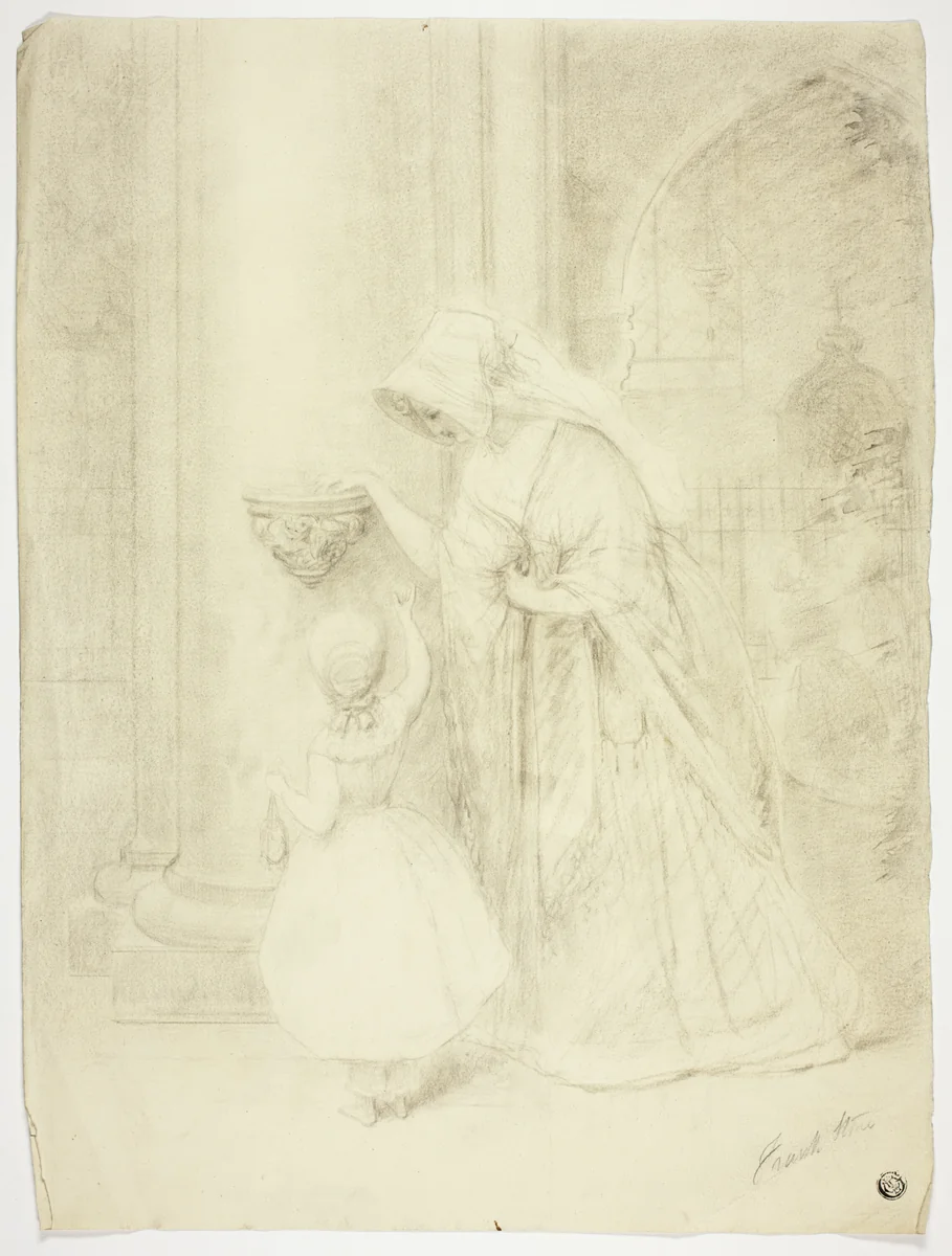 Lady and Girl in Church by Frank Stone, drawing, 1820-1859