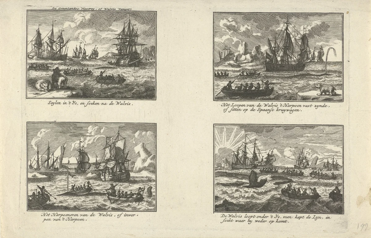Walvisjacht in de ijszee by anonymous, print, 1720-1750
