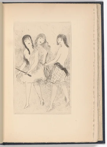 Trois jeunes filles jouant à l'arc (Three Girls Playing Archery) (plate, folio before page 1) from Dix filles dans un pré (Ten Girls in a Meadow) by Marie Laurencin, illustrated book, 1926